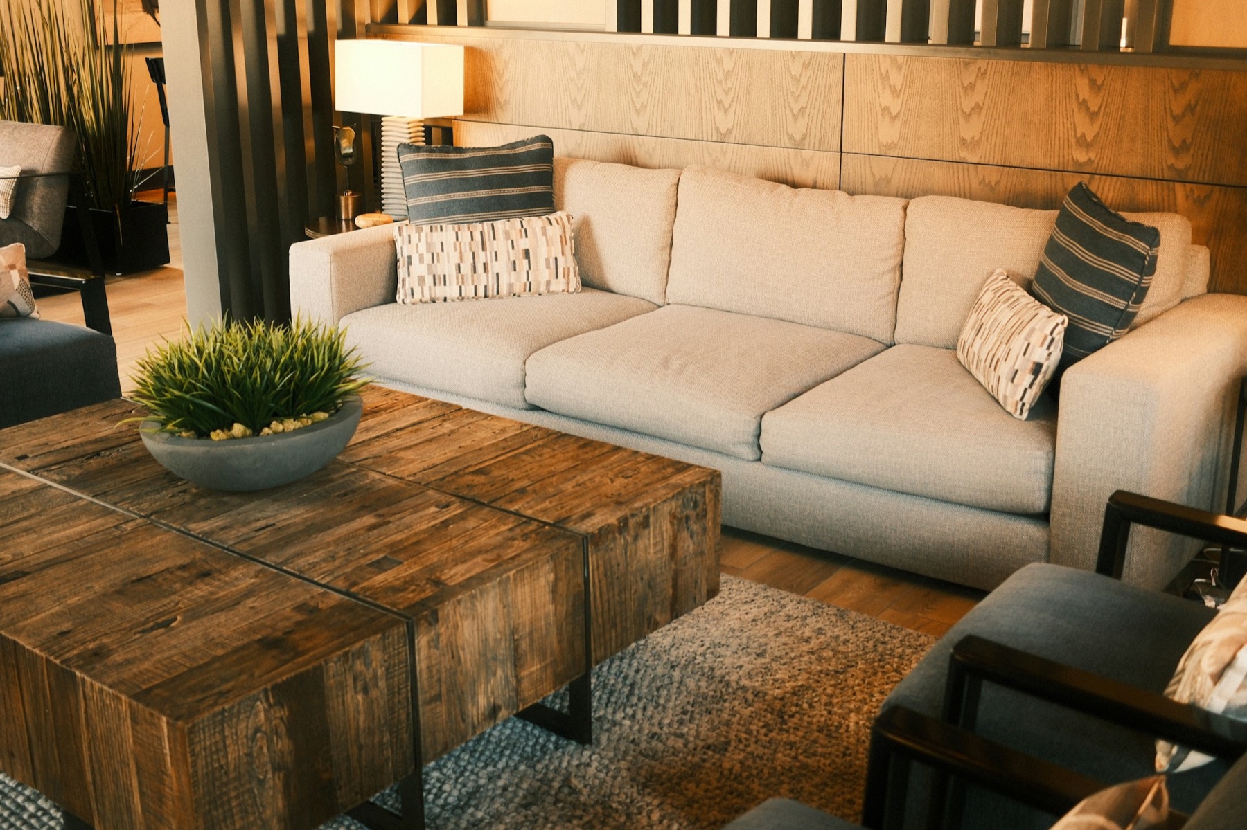 Light-filled living room with a sofa and coffee table