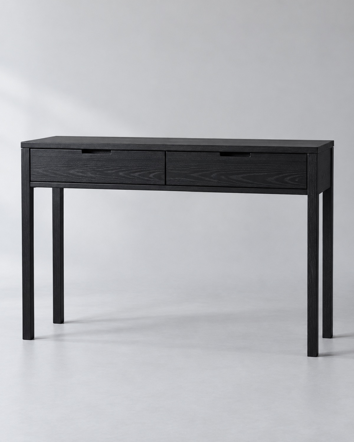 Slim black ash console with two drawers