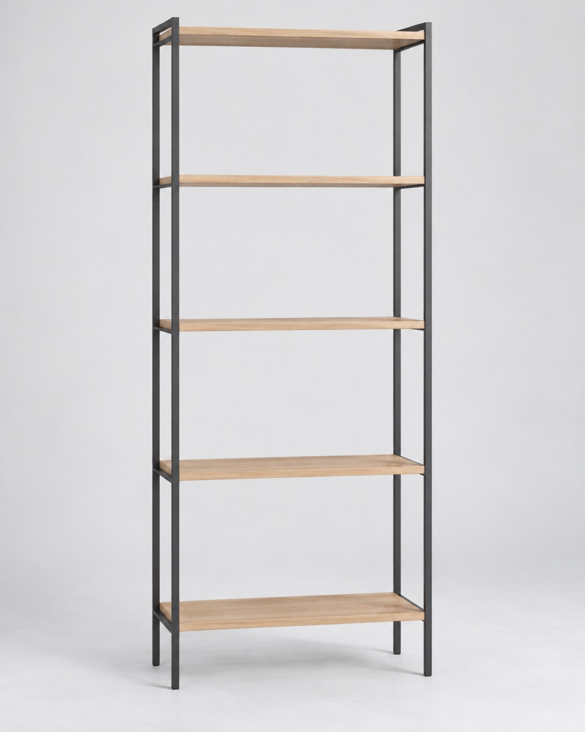 Tall open shelf in graphite steel and oak